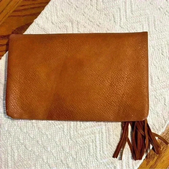 Moda Luxe | Cognac Faux Leather Clutch with Tassles - Picture 2 of 5